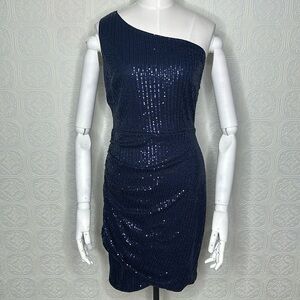 GRACE KARIN | Asymmetric One Shoulder Sequined Party Dress in Navy Blue